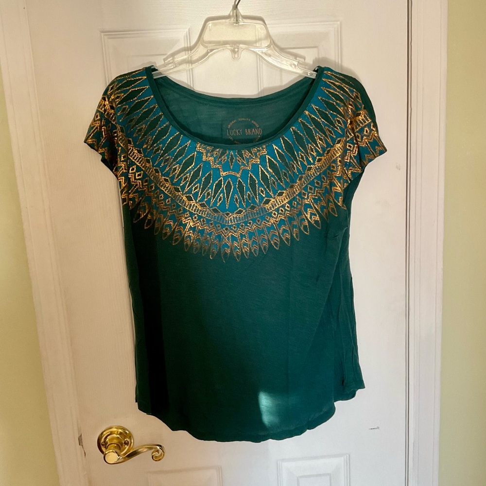 Lucky Brand Teal and Gold Short Sleeve Top